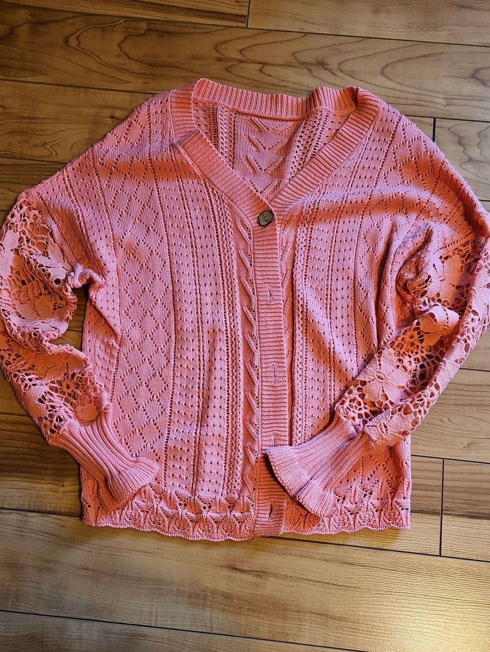 Womens Coral Crochet Sleeve Knit Cardigan Sweater